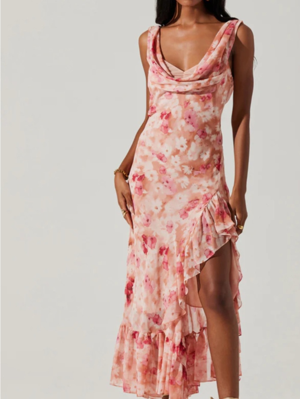 Astr Pink Watercolor Floral High-Low Ruffle Midi Dress